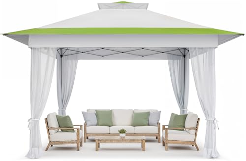 Pipishell 13x13 Pop Up Gazebo Outdoor Canopy Shelter, One Push Setup, Instant Patio Gazebos Sun Shade Canopys Tent with Mesh Netting and Double Tiers for Backyard, Garden, Lawn, Deck, Green