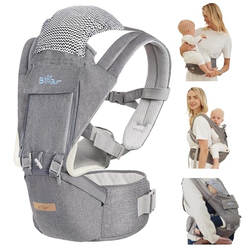 Bear Baby Carrier, 6-in-1 Baby Carrier Newborn to Toddler with Hip Seat (Ergonomic M Position) for 3-36 Month/ 7-44lbs Baby, Adjustable Size for Enhanced Lumbar Support, Perfect for On-The-go