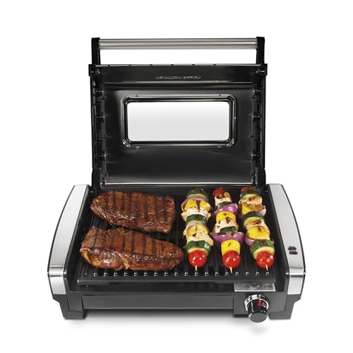 Hamilton Beach Electric Indoor Searing Grill with Viewing Window & Adjustable Temperature Control to 450F, 118 sq. in. Surface Serves 6, PFAS-Free Removable Nonstick Grate, Stainless Steel
