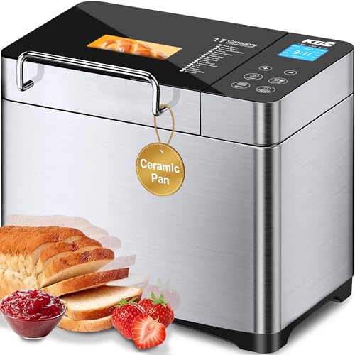 KBS Pro Stainless Steel Bread Machine, 2LB 17-in-1 Programmable XL Bread Maker with Fruit Nut Dispenser, Nonstick Ceramic Pan& Digital Touch Panel, 3 Loaf Sizes 3 Crust Colors, Reserve& Keep Warm Set