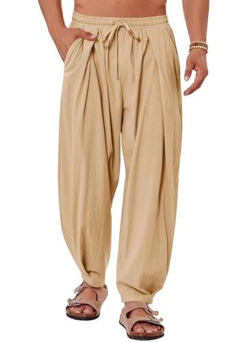 Gafeng Mens Linen Yoga Pants Elastic Waist Drawstring Summer Beach Loose Fit Casual Tapered Trousers Beige