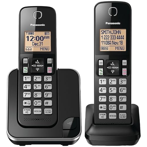 Panasonic Expandable Cordless Phone System with Amber Backlit Display – 2 Handsets – KX-TGC352B (Black)