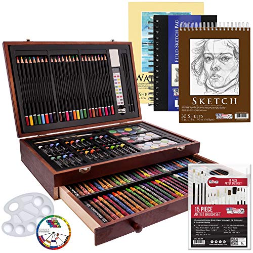U.S. Art Supply 162-Piece Mega Wood Box Artist Kit with Painting, Drawing & Art Supplies for Adults - 24 Each (Watercolors, Oil Pastels, Pencils), 60 Crayons & 2 Brushes - Art Kit for Adults, Gift Set
