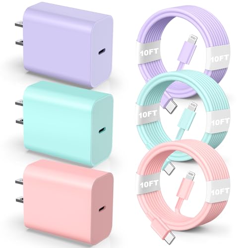 Compatible with iPhone 14 13 12 Charger, 20W Fast Charging Wall Charger, 10 FT USB ightning Cable,Phone Charger Cord for Phone 14/13/12/12 Pro Max/11/Xs Max/XR/X,AirPods Pro and More-Purple/Pink/Blue