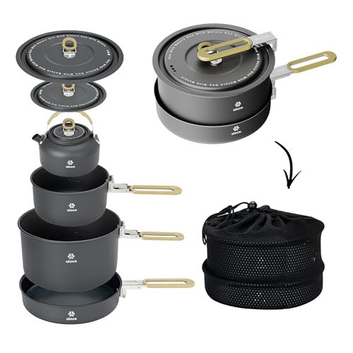 Alocs Portable Camping Cookware - Upgraded Handle, Non-Stick Camping Pan Set for Outdoor Kitchen, Picnic, Hiking and Fishing