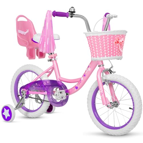 WEIZE Girls Bike for 3-5 Years Old Kids, 14 Inch Kids Bike with Training Wheels, Streamers, Basket and Doll Seat, Children Bicycles with Coaster Brake, Pink