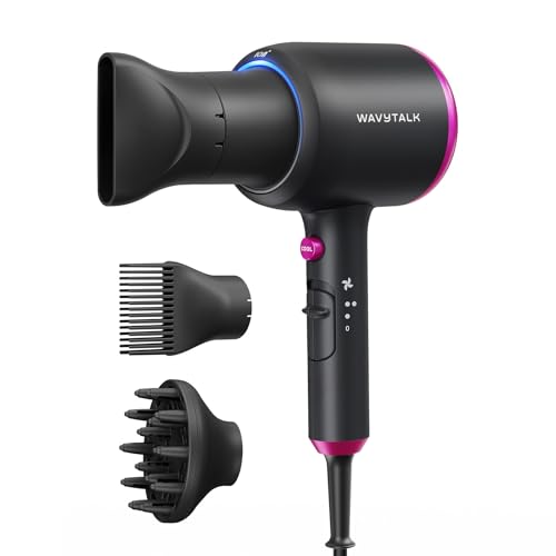Wavytalk Hair Dryer with Diffuser, Blown Away Ionic Hair Dryer for Curly Hair with Comb, 1875W Fast Drying Blow Dryer with Ceramic Technology, 3 Attachments for All Hair Types, Light and Quiet, Black